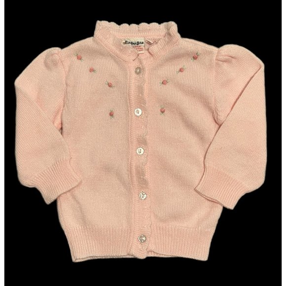 Vintage Other - Vintage Little Girls Pink Cardigan Rose Detail Ruffle MOP Buttons Adorab…
